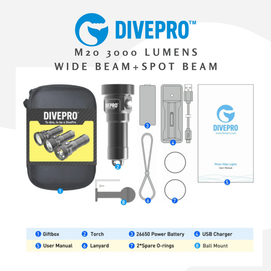 Divepro M20 3000Lumens Dual switch Wide Beam+Spot Beam Underwater Video Light