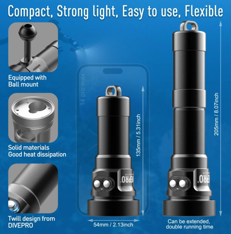 Divepro M20 3000Lumens Dual switch Wide Beam+Spot Beam Underwater Video Light