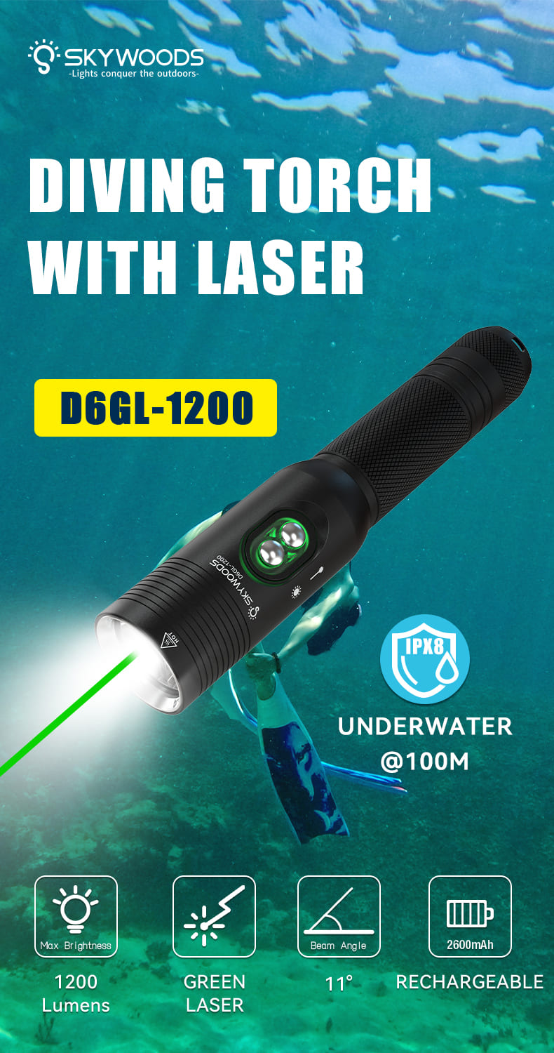 Skywoods D6GL 1200 Lumens Dive Torch and Laser Pointer