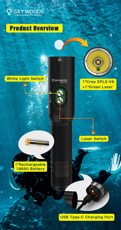 Skywoods D6GL 1200 Lumens Dive Torch and Laser Pointer