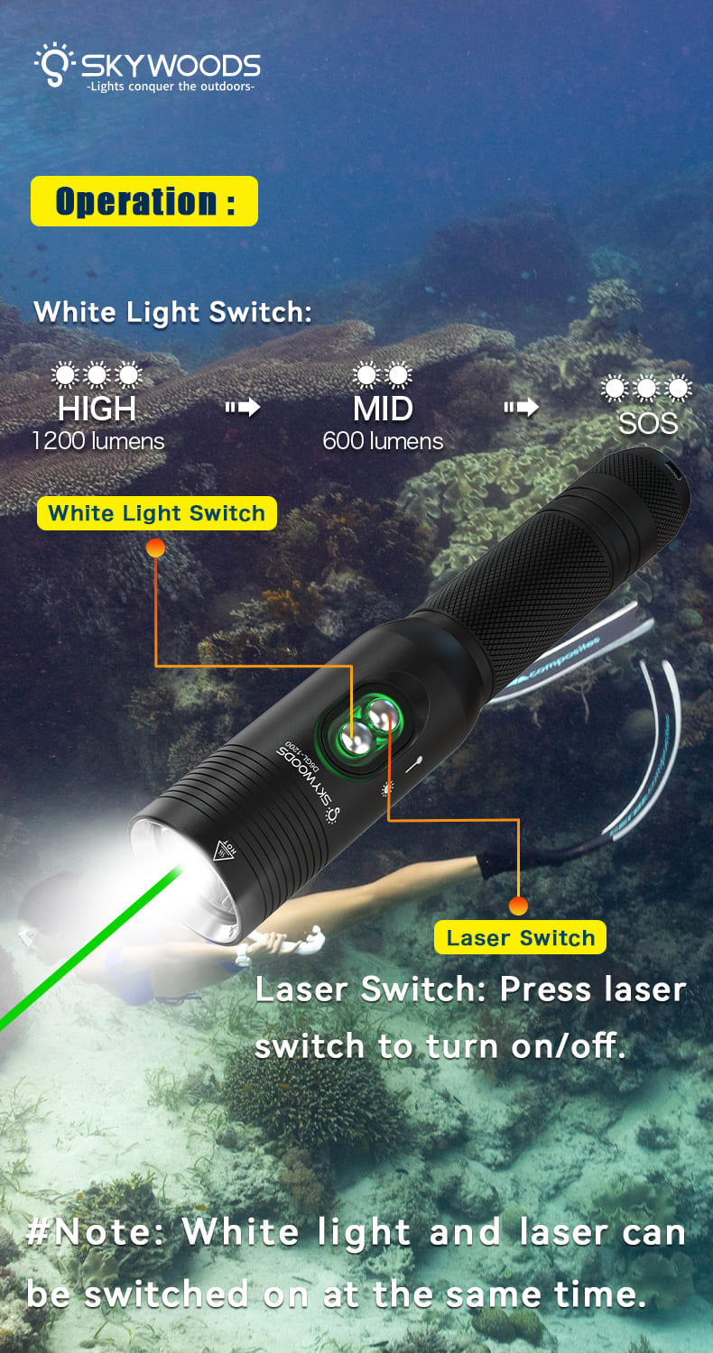 Skywoods D6GL 1200 Lumens Dive Torch and Laser Pointer