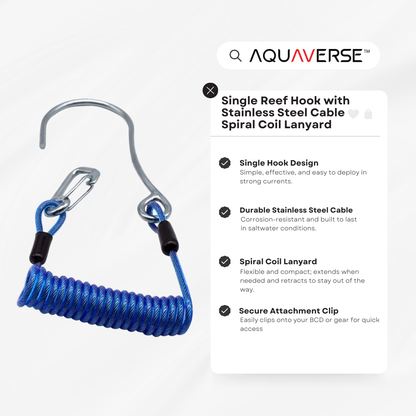 Single Reef Hook with Stainless Steel Cable & Spiral Coil Lanyard