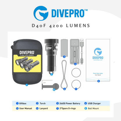 Divepro D40F 4200Lumens Gopro light Underwater Photo Video Lights