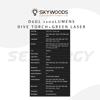 Skywoods D6GL 1200 Lumens Dive Torch and Laser Pointer