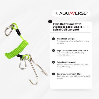 Twin Reef Hook with Stainless Steel Cable & Spiral Coil Lanyard