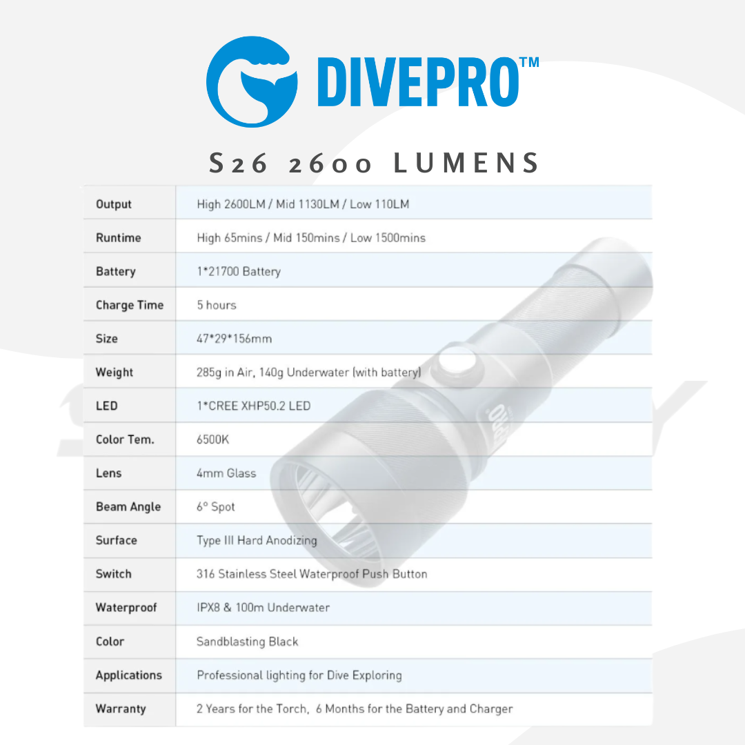 Divepro S26 2600Lumens Diving Torch