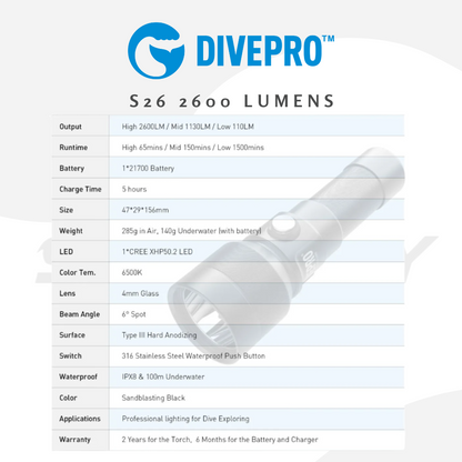Divepro S26 2600Lumens Diving Torch