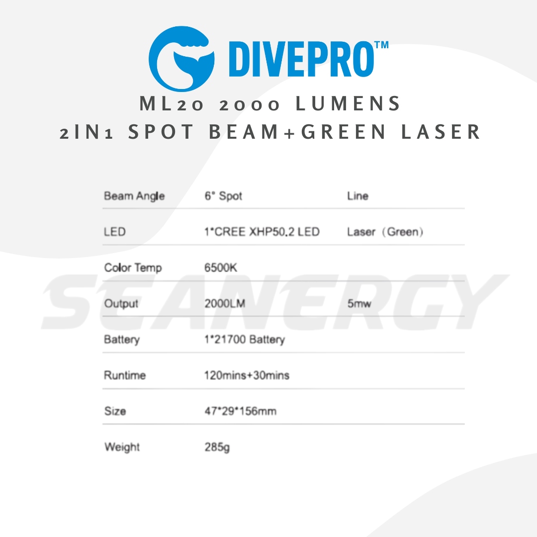 Divepro ML20 2000Lumens 2in1 Diving Light+ Green Laser
