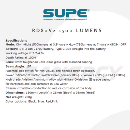 SUPE RD80V2 1500 Lumens Dive Torch