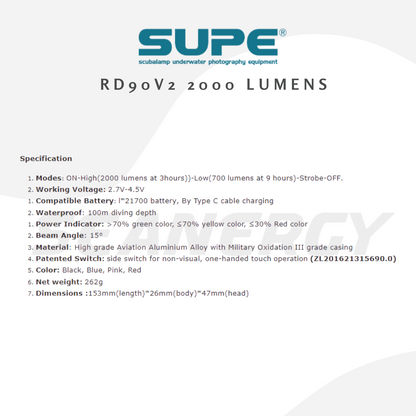 SUPE RD90V2 2000 Lumens Dive Torch
