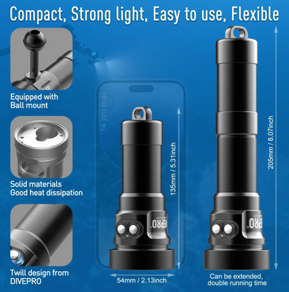 Divepro M20 3000Lumens Dual switch Wide Beam+Spot Beam Underwater Video Light